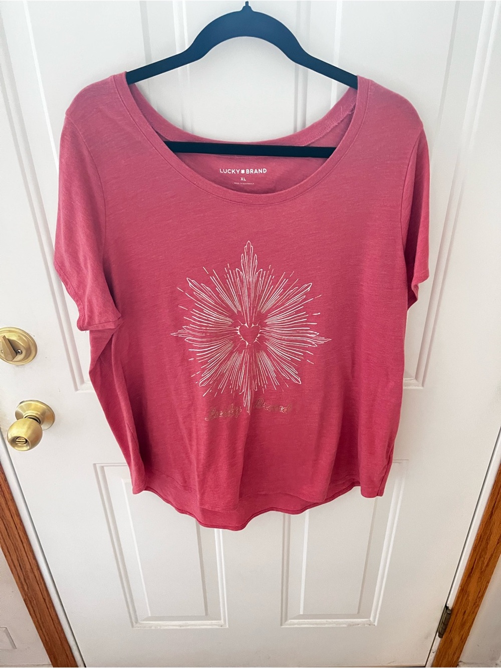 Lucky Brand XL Coral Pink Graphic Tee Heart Metallic Design